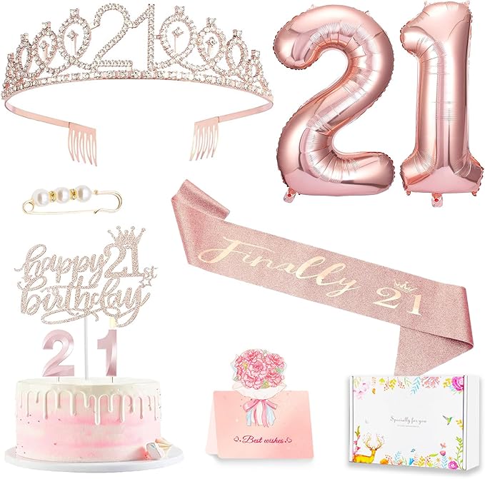 21st Birthday Gifts Decorations for Her, Including 21st Cake Toppers, Birthday Queen Sash with Pearl Pin, Sweet Rhinestone Tiara Crown, Number Candles and Balloons Set, Rose Gold