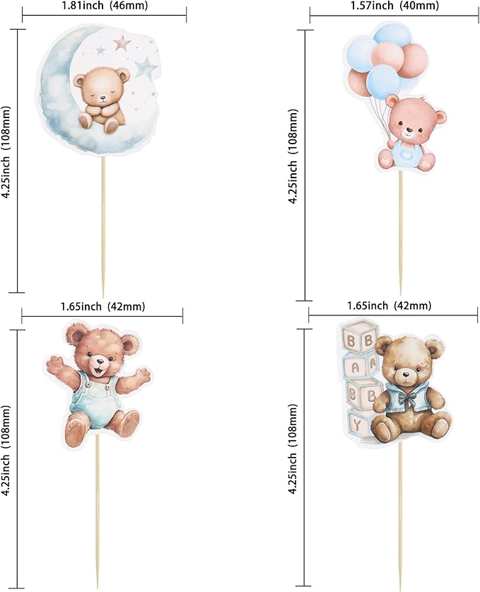 Gyufise 32Pcs Baby Shower Bear Cupcake Toppers Moon Baby Bear Baby Shower Cake Topper Decorations Jungle Animal Theme Birthday Party Cake Supplies Blue Pink