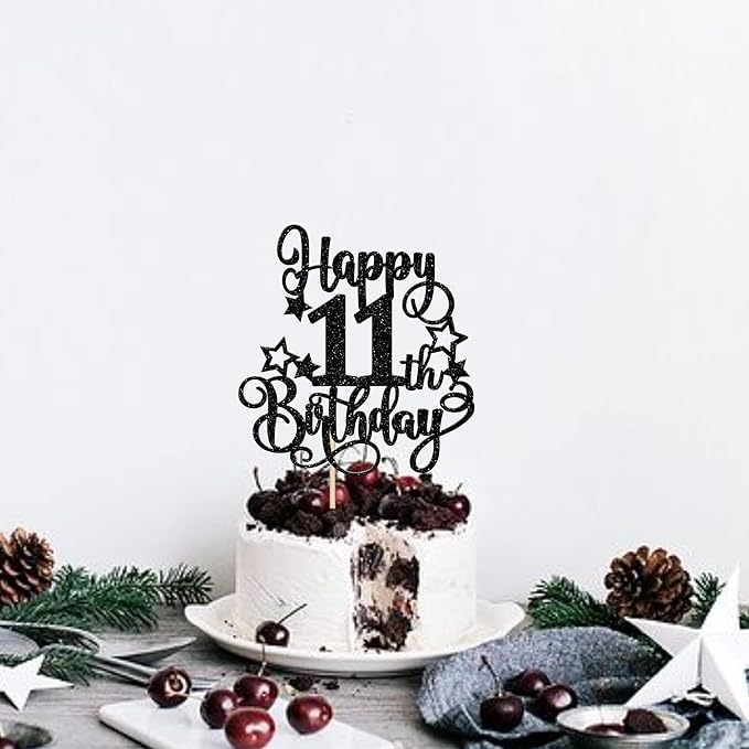 1 PCS Happy 11th Birthday Cake Topper Glitter Cheers to 11 Years Birthday Cake Pick Hello 11 Fabulous Cake Decoration for Happy 11th Birthday Anniversary Party Decorations Supplies Black