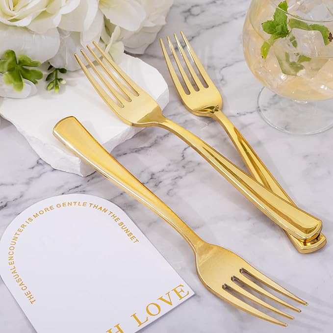 bUCLA 600PCS Gold Plastic Forks - 7.4inch Heavy Duty Plastic Forks Bulk Disposable for Party - Gold Silverware,Ideal for Weddings&Daily Using