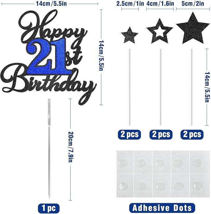 Happy 21st Birthday Cake Toppers, Black Blue Glitter Cake Decorations Set, 21st Birthday Decor, Birthday Anniversary Party Decorations Supplies