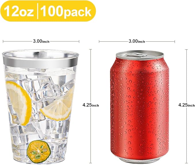 BESTVIP 12oz Silver Plastic Cups, 100 Pack Silver Rimmed Disposable Cups, Heavy-duty Party Cocktail Glasses for Christmas, Plastic Cups for Party, Holiday, Wedding and Birthday