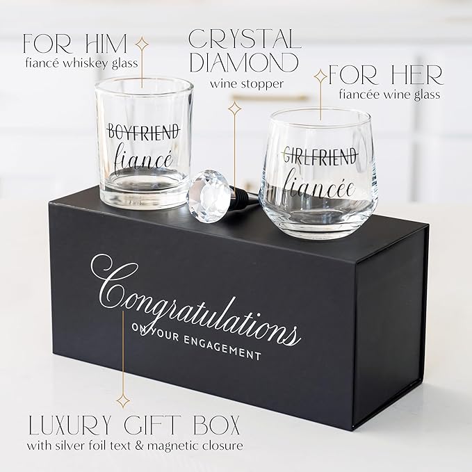 Engagement Gifts for Couples – Mr & Mrs Gift Set for Him & Her – Whiskey and Wine Glasses with Diamond Wine Stopper, Wine Bag – Newly Engaged Present for Fiance