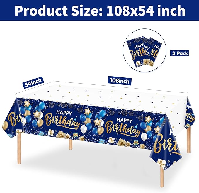DUAIAI Happy Birthday Decorations, 3 Pcs Navy Blue and Gold Birthday Tablecloth for Boys Girls Men Women, Plastic Disposable Rectangle Table Cover for Birthday Party Supplies- 54" x 108"