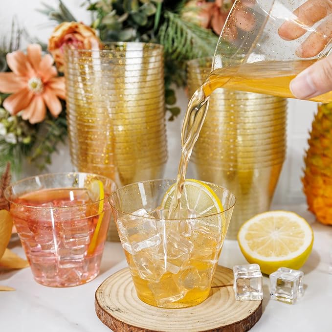 I00000 100pcs Gold Plastic Cups - 9 OZ Hard Gold Glitter Disposable Cups for Cocktail And Drinking - Premium Disposable Plastic Cups with Gold Glitter for Fancy Wedding & Elegant Party Cups