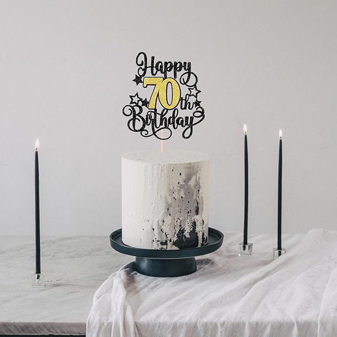 1 PCS Happy 70th Birthday Cake Topper Black Gold Glitter Cheers to 70 Years Birthday Cake Pick Hello 70 Fabulous Cake Decoration for Happy 70th Birthday Anniversary Party Decorations Supplies