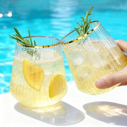 BESTSTAR 72 Pcs 12 oz Plastic Clear Gold Rim Ribbed Wine Glasses, Origami Ripple Disposable Champagne Glasses Elegant Whiskey Glasses Ideal for Weddings, Bars, Christmas, Pool Party, Daily Use