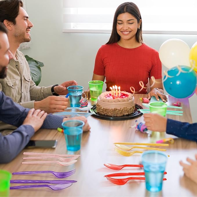 180Pcs Rainbow Red Green Yellow Blue Purple Plastic Silverware Heavy Duty Disposable Flatware Cutlery Set Includes Forks Spoons Knives for Rainbow-Themed Birthday Halloween Pride Party