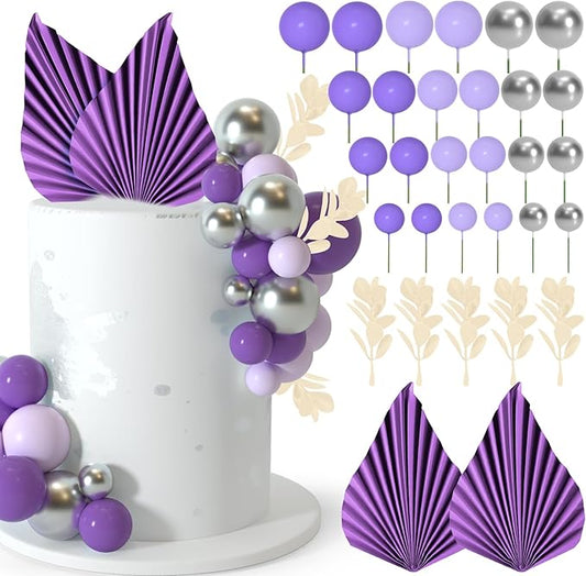 NEBURORA 64 Pcs Balls Cake Toppers and Leaves Decoration Set Mini Balloons for Cake Decorating Supplies Balls Cake decorations for Baby Shower Cake Toppers Birthday Cake Decoration(Purple Silver)