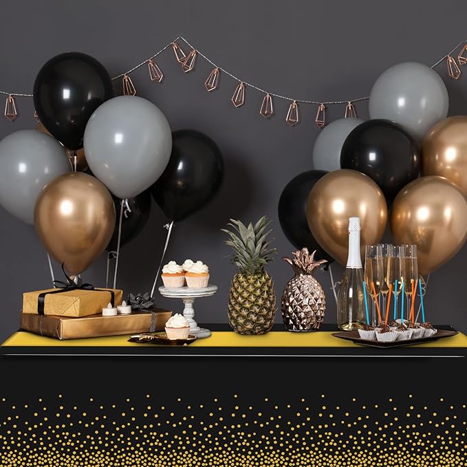 1Pcs Black and Gold Tablecloth Party Decorations,Plastic Black Table Cloth Printed Gold Table Runner Disposable Rectangle Tables Cover for Birthday Retirement Anniversary Graduation Party,54 x108 Inch