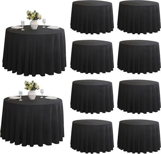 10-Pack Round 108-inch Black Table Cloths, Solid Stain and Wrinkle Resistant Circular Tablecloth, Premium Plain Weave Polyester Fabric Table Linen Covers for Hotel, Banquet