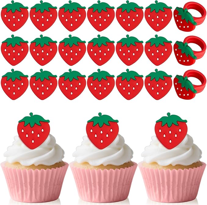 24 PCS Strawberry Cupcake Toppers Berry First Birthday Strawberry Ring Cake Topper for Fruit Baby Shower Berry Sweet Cupcake Decorations Party Supplies