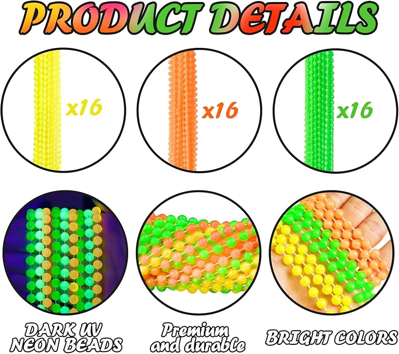 Glow in the Dark Beads Necklaces Glow Party Supplies, 33" Yellow Green Orange UV Black Light Necklaces for Glow Party Favors Night Accessories, Halloween Birthday Party Decorations