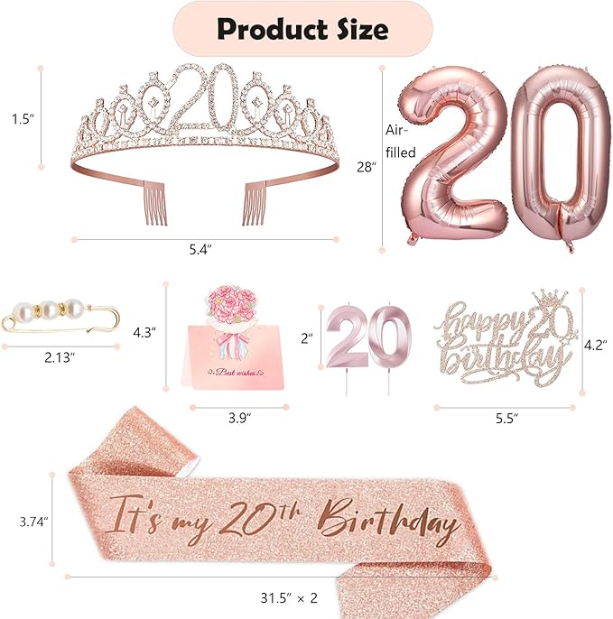 20th Birthday Decorations for Women, Birthday Sash and Crown, Cake Topper and Candles,Number Balloons, 20th Birthday Gifts for Women, 10pcs
