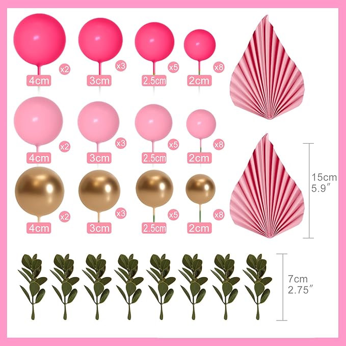 NEBURORA 64 Pcs Balls Cake Toppers and Leaves Decoration Set Mini Balloons for Cake Decorating Supplies Balls Cake decorations for Baby Shower Cake Toppers Birthday Cake Decorations (Pink Gold）