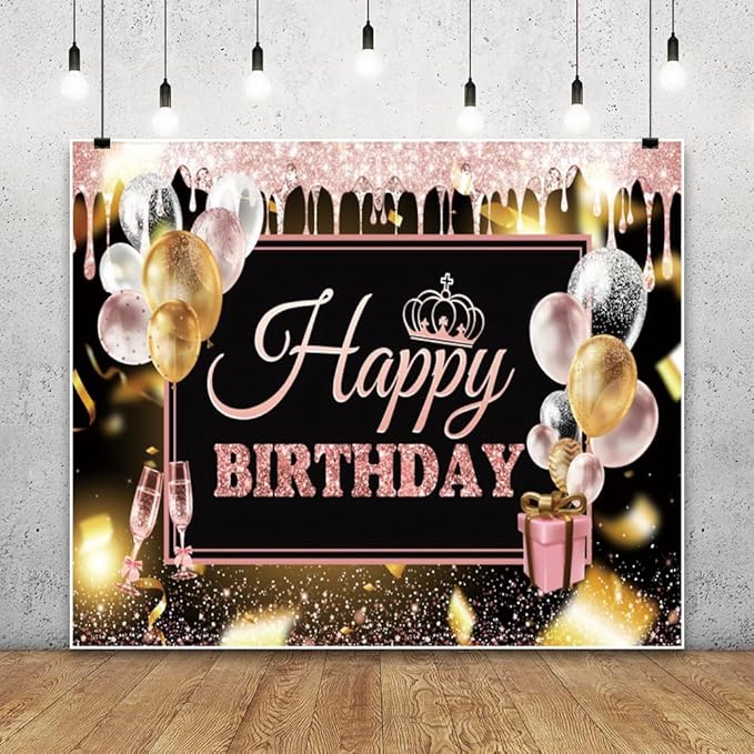0x8ft Pink Gold Happy Birthday Backdrops Glitter Black Rose Gold Birthday Banners Rose Gold Sign Decoration