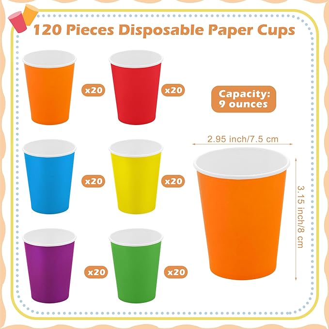 URATOT 120 Pieces 9 Ounce Disposable Paper Cups Rainbow Party Cups Drinking Cups for Party, DIY and Holiday, 6 Colors