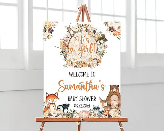 Editable It's a Girl Woodland Baby Shower Welcome Sign, Fall Woodland Baby Shower Sign, Woodland Animals Baby Shower Decor, Baby Shower Welcome Sign, Baby Shower Sign, Customized Baby Shower Sign, Welcome Baby Shower Personalized