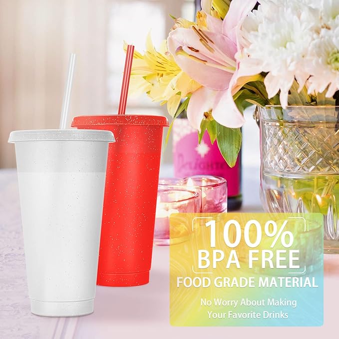 Honeydak 30 Pack Tumbler with Straw and Lid Bulk Cups for Gifts Glitter Plastic Coffee Cups 24-27 oz Reusable Water Bottle Iced Coffee Travel Mug Party Favors for Birthdays Travel (Glitter)
