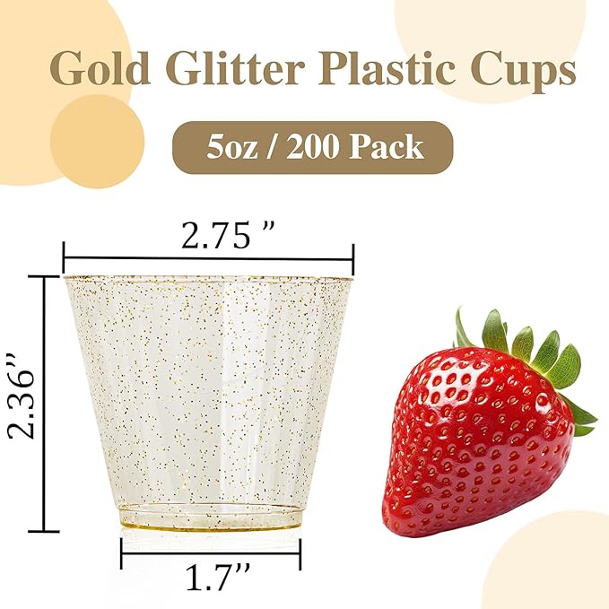 I00000 5oz 200 Pack Shot Glasses, Small Gold Glitter Disposable Plastic Cups,Plastic Party Cups for Vodka, Whiskey, Great Container for Sauce,Medicine and Pudding