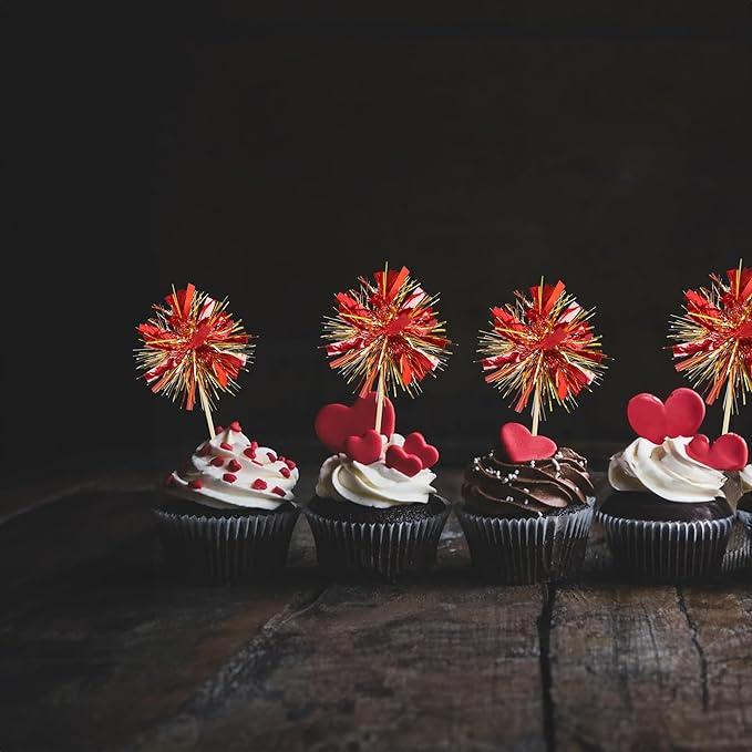 Gyufise 30Pcs Foil Firework Cupcake Toppers Sparkle Tinsel Cake Toppers Tinsel Drink Cake Decoration Cocktail Picks for Birthday Wedding Graduation Party Supplies Gold Red