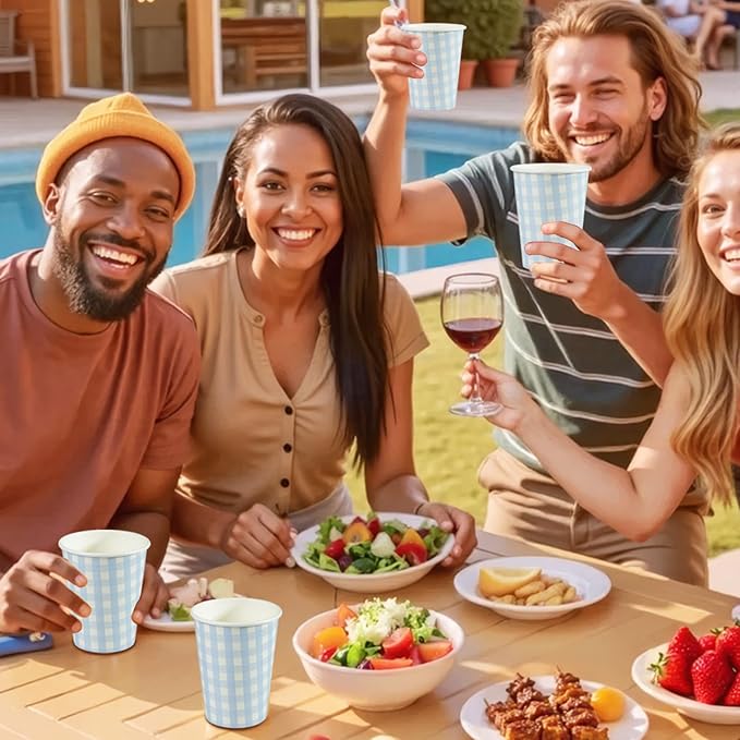 50 Pieces 8 oz Gingham Paper Cups, Disposable Gingham Cups, Checkered Cup for Hot Cold Beverage Birthday Party Supplies Decorations (Blue)