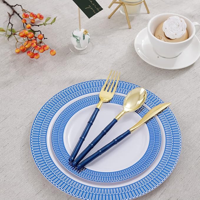 Supernal 180pcs Gold Plastic Silverware,Gold Plastic Cutlery with Blue Glitter Bamboo Handle,Elegant Durable Disposable Cutlery Heavy Duty include 60 Knives,60 Forks,60 Spoons