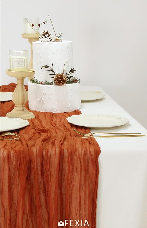 FEXIA 3 Pack Terracotta Table Runner 35x120 Inches for Baby Shower Decoration Gauze Rustic Table Runner for Wedding Party First Communion Centerpiece Engagement Bridal Shower Boho Decoration