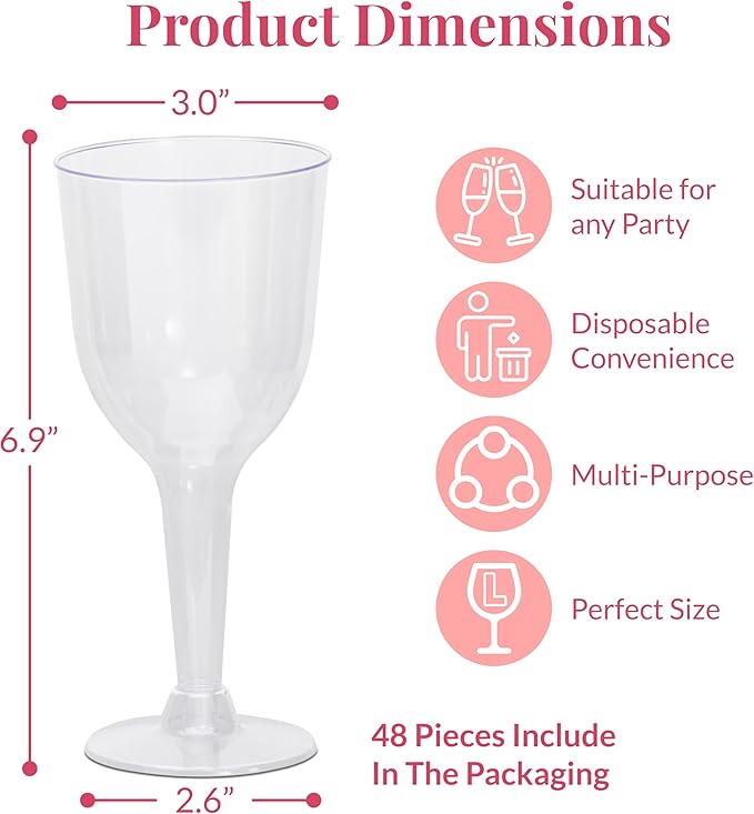 Prestee Stemmed Disposable Wine Glasses - 10 oz Clear Plastic Wine Glasses BPA-Free - Easy Assembly for Parties Weddings Picnics - Durable and Sturdy Wine Plastic Cups - 48 Pack