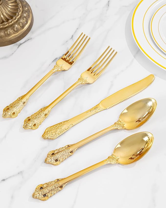 bUCLA HEAVYWEIGHT 300PCS Gold Plastic Silverware Disposable - Extra Heavy Duty Plastic Cutlery - Gold Disposable Utensils Set - Include 100 Knives, 100 Forks, 100 Spoons for Party & Special Moments