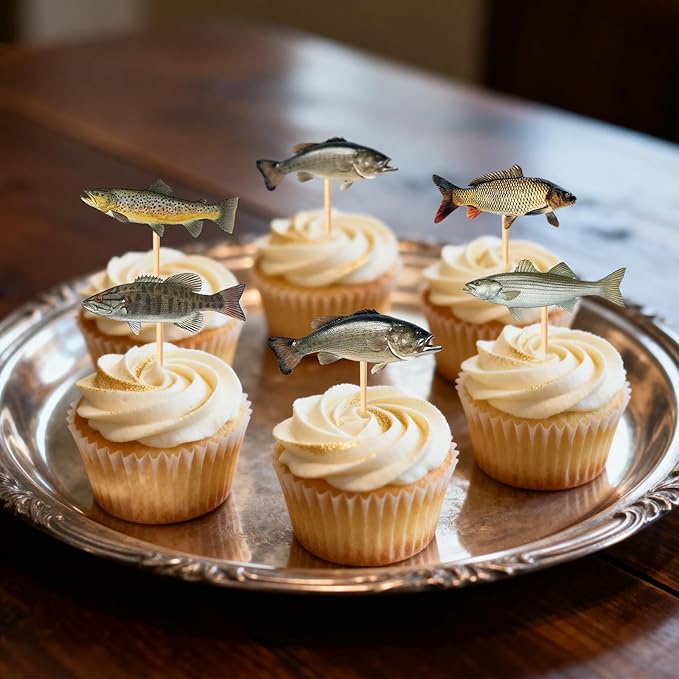 30 pcs Double-Sided Fish Cupcake Toppers Go Fishing Theme Decorations Baby Shower Happy Birthday Party Tropical Party Cake freshwater fish Decoration Supplies