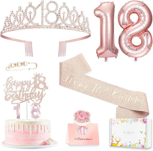 18th birthday decorations for girls, Including 18th Happy Birthday Gifts Queen Sash with Pearl Pin, Sweet Rhinestone Tiara Crown, Cake Toppers, Number Candles and Balloons Set, Rose Gold