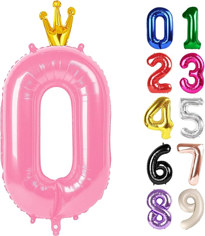 0 Balloon - Pink with Crown Birthday Number Balloons, 40 Inch Large Foil Balloons for Men Women Boys Girls Pink with Crown Themed Birthday Decorations
