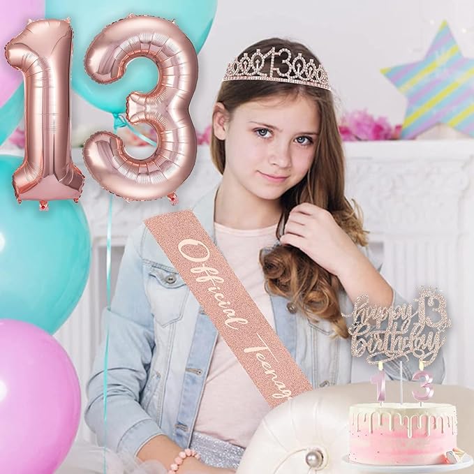 13th Birthday Decorations for Girls, Including 13th Happy Birthday Cake Toppers, Queen Sash with Pearl Pin, Sweet Rhinestone Tiara Crown, Number Candles and Balloons Set, Rose Gold