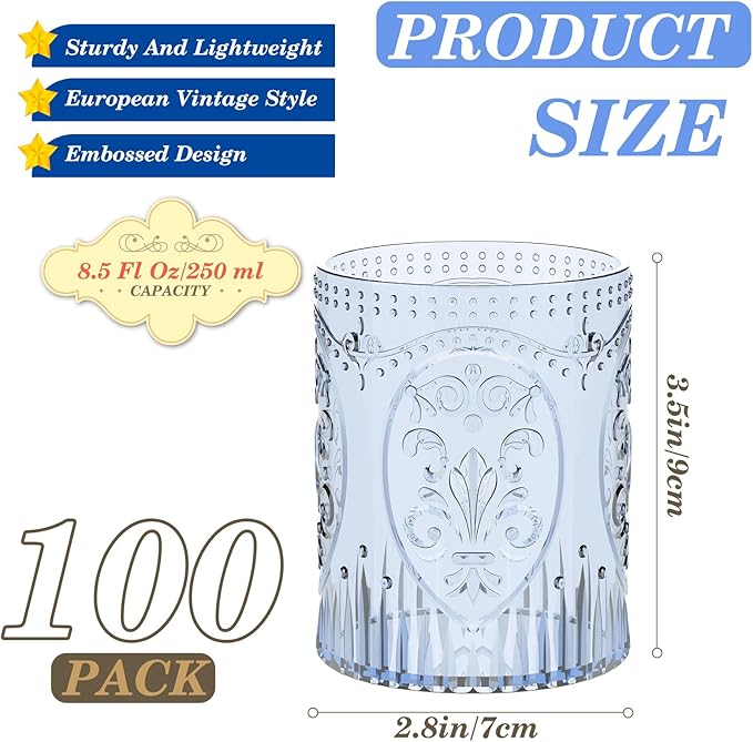 100 Plastic Vintage Drinking Glasses 8.5oz Stemless Retro Embossed Wine Glasses Shatterproof Reusable Cups for Baby Shower Wedding Reception Grand Event Party (Blue)