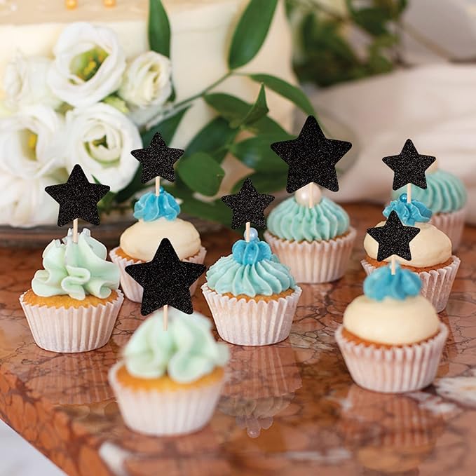 30 PCS Little Star Cupcake Toppers Glitter Twinkle Star Cupcake Picks Wedding Engagement Bridal Shower Baby Shower Birthday Party Cake Decorations Supplies Mixed Size Black
