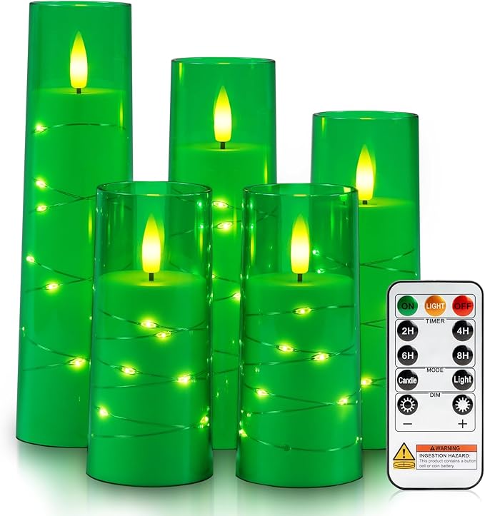 Raycare Flameless Candle with Remote Timer – 5 Flickering Acrylic Battery Operated LED Pillar Candles with Embedded Star String for Christmas, Home Decor, and as a Gift(Green)