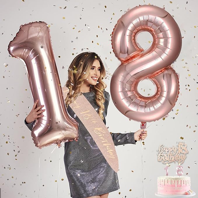 18th birthday decorations for girls, Including 18th Happy Birthday Gifts Queen Sash with Pearl Pin, Sweet Rhinestone Tiara Crown, Cake Toppers, Number Candles and Balloons Set, Rose Gold