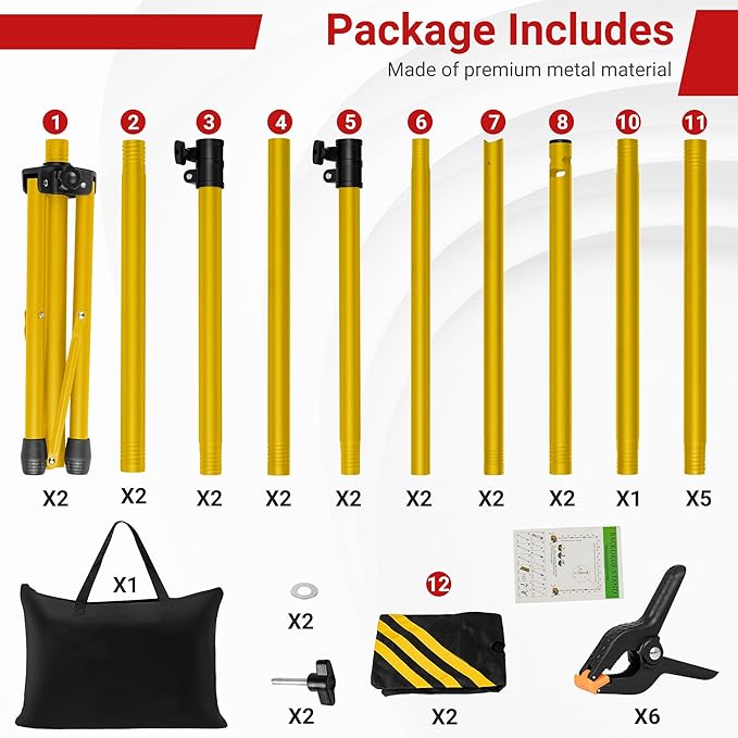 JSungo 10x8.5 FT Backdrop Stand for Parties, Adjustable Photo Backdrop Stand Kit with Carrying Bag, Portable Background Stand Backdrop for Wedding, Photoshoot, and Photo Studio, Gold