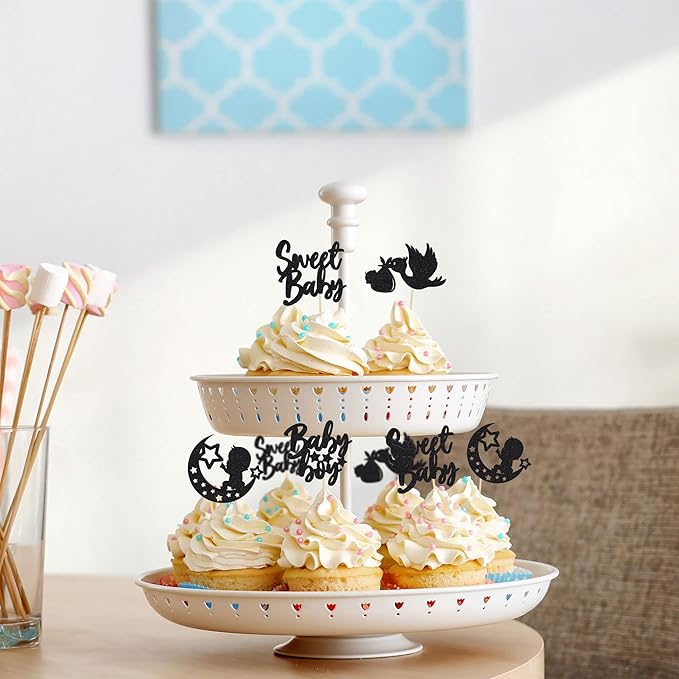 24Pcs Sweet Baby Boy Cupcake Toppers Black Glitter Moon Star Baby Shower Gender Reveal Cupcake Picks Decorations for Baby Shower Kids Boys Birthday Party Cake Decorations Supplies