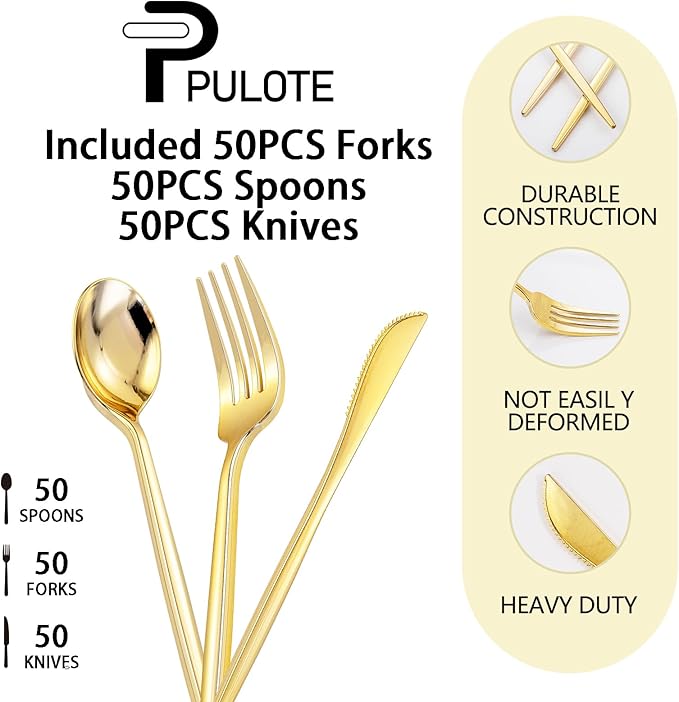 PULOTE 150PCS Thanksgiving Gold Plastic Silverware Disposable - Heavy Duty Gold Plastic Cutlery - Gold Plastic Utensils Set Include 50 Knives,50 Forks,50 Spoons for Party&Wedding
