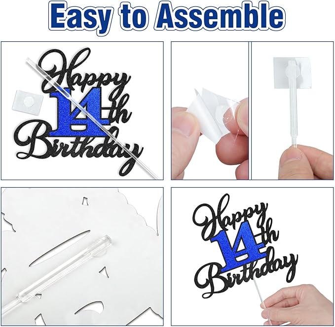 14th Birthday Cake Topper, Black Blue Happy 14th Birthday Cake Toppers for Boy Girl, 14 Years Old Birthday Party Supplies, Glitter Cake Decor, 14th Birthday Cake Decorations