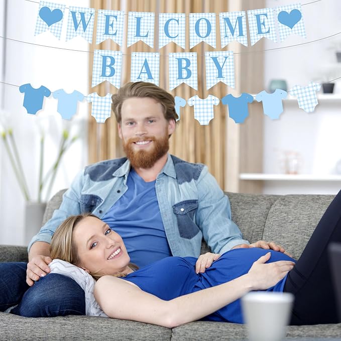 1 Pcs Blue Gingham Welcome Baby Banner for Party Decorations Blue Pre Strung Baby Shower Gender Reveal Paper Banner for Table, Wall or Mantel Display Party Decor Supplies