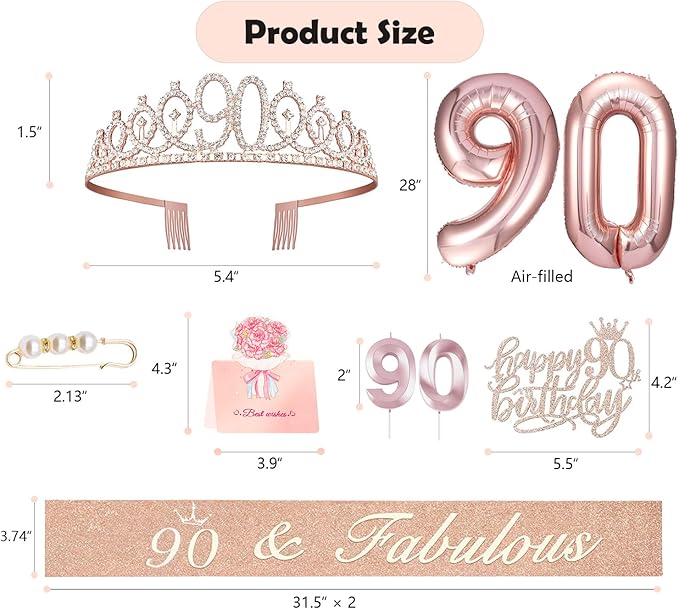 90th Birthday Decorations Gifts for Women, Including 90 year old Birthday Cake Topper, Queen Sash with Pearl Pin, Sweet Rhinestone Tiara Crown, Number Candles and Balloons Set, Rose Gold