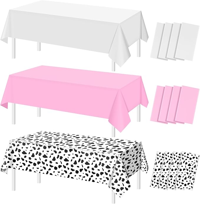 12Pcs Cow Print and Pink White Tablecloth Set, Pink and White Cow Print Table Covers Disposable Plastic Rectangle Tablecloth for Cowgirl Birthday Baby Shower Barnyard Party Decorations, 108*54inch