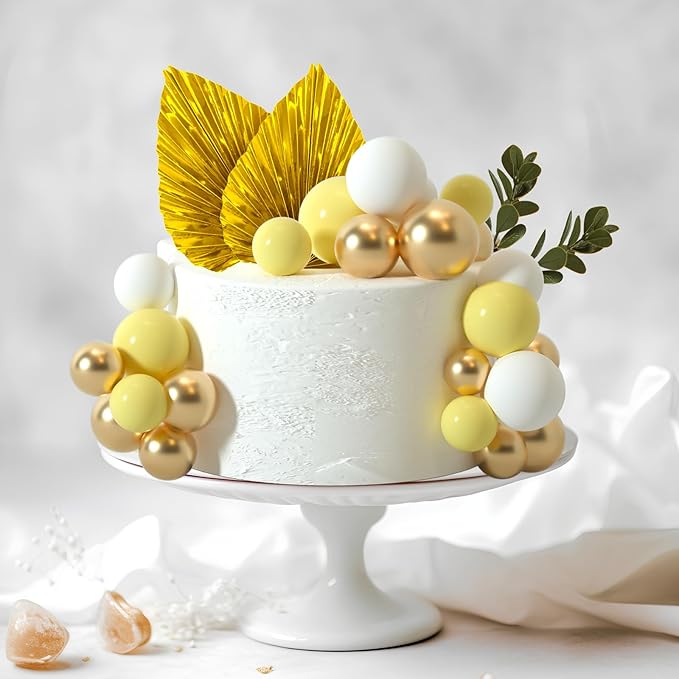 NEBURORA 64 Pcs Balls Cake Toppers and Leaves Decoration Set Mini Balloons for Cake Decorating Supplies Balls Cake decorations for Baby Shower Cake Toppers Birthday Cake Decorations (Yellow Gold)