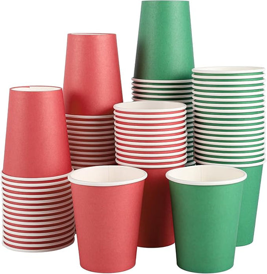 100 Pack Red Green Paper Cups, 9oz Christmas Party Cups Bulk Paper Cups, Disposable Drinking Cups for Birthday Holiday Christmas Party Supplies, 2 Colors