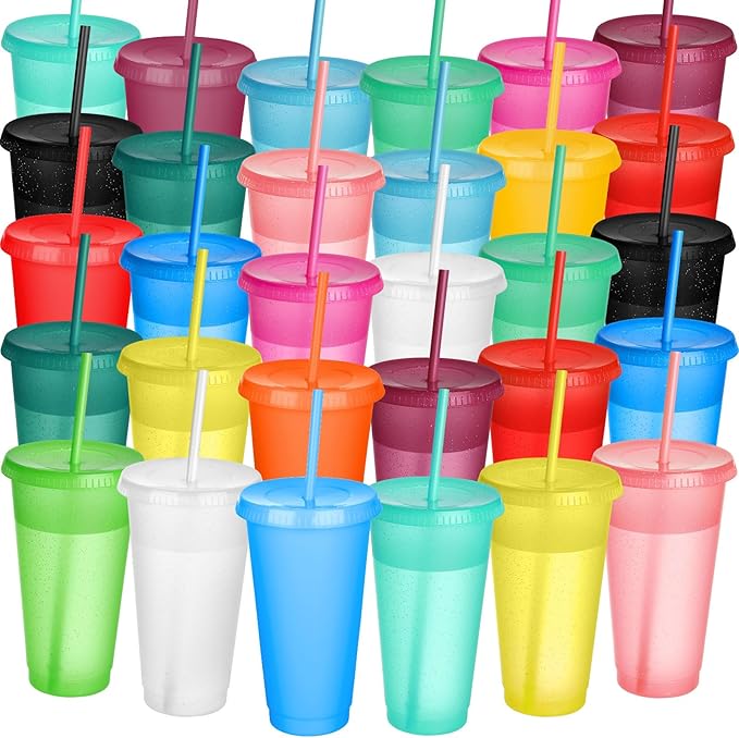 Honeydak 30 Pack Tumbler with Straw and Lid Bulk Glitter Plastic Cups Water Bottle Iced Coffee Travel Mug Reusable Party Favor Cups for Birthdays travel 24-27 oz (Assorted Color)