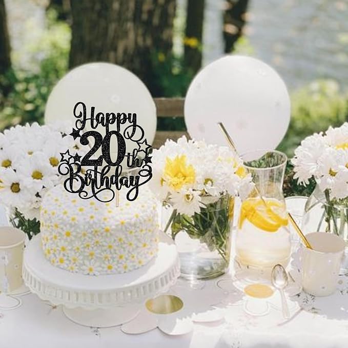 1 PCS Happy 20th Birthday Cake Topper Glitter Cheers to 20 Years Birthday Cake Pick Hello 20 Fabulous Cake Decoration for Happy 20th Birthday Anniversary Party Decorations Supplies Black