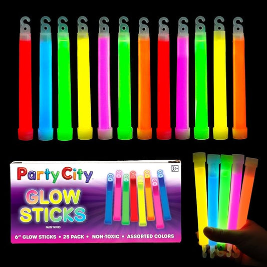 Party City Multicolor Glow Sticks Bulk Pack 6”- 25pk Glow in the Dark Sticks for Kids, Waterproof Camping Survival Ultra Bright Emergency Light Stick with String, Neon Glowsticks Party Supplies Favors